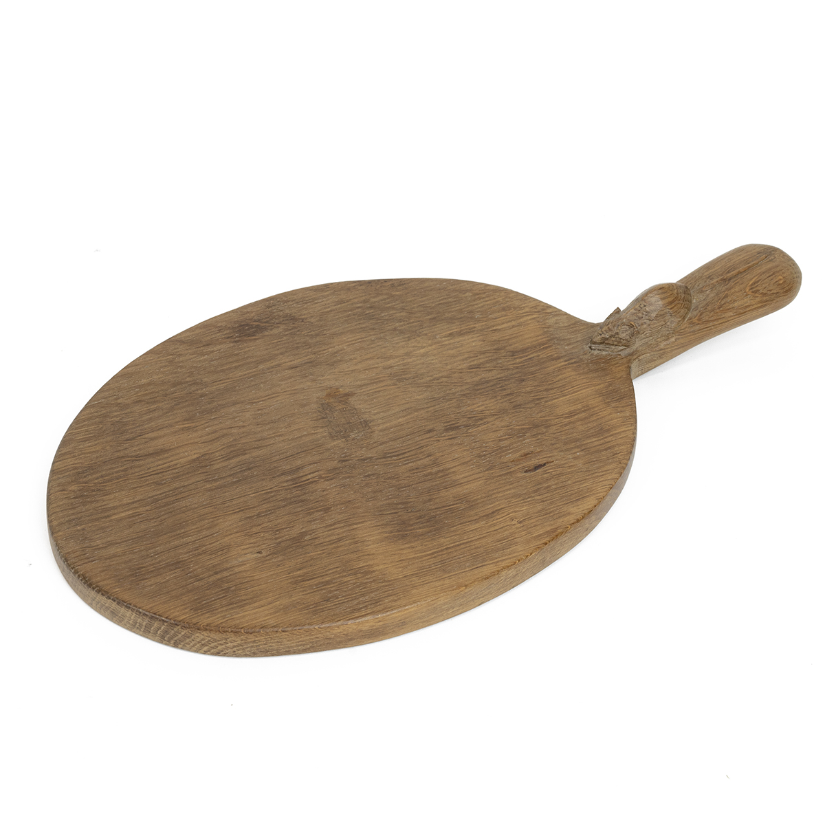 Robert "Mouseman" Thompson chopping board, the oval board with a handle set with a mouse signatur...