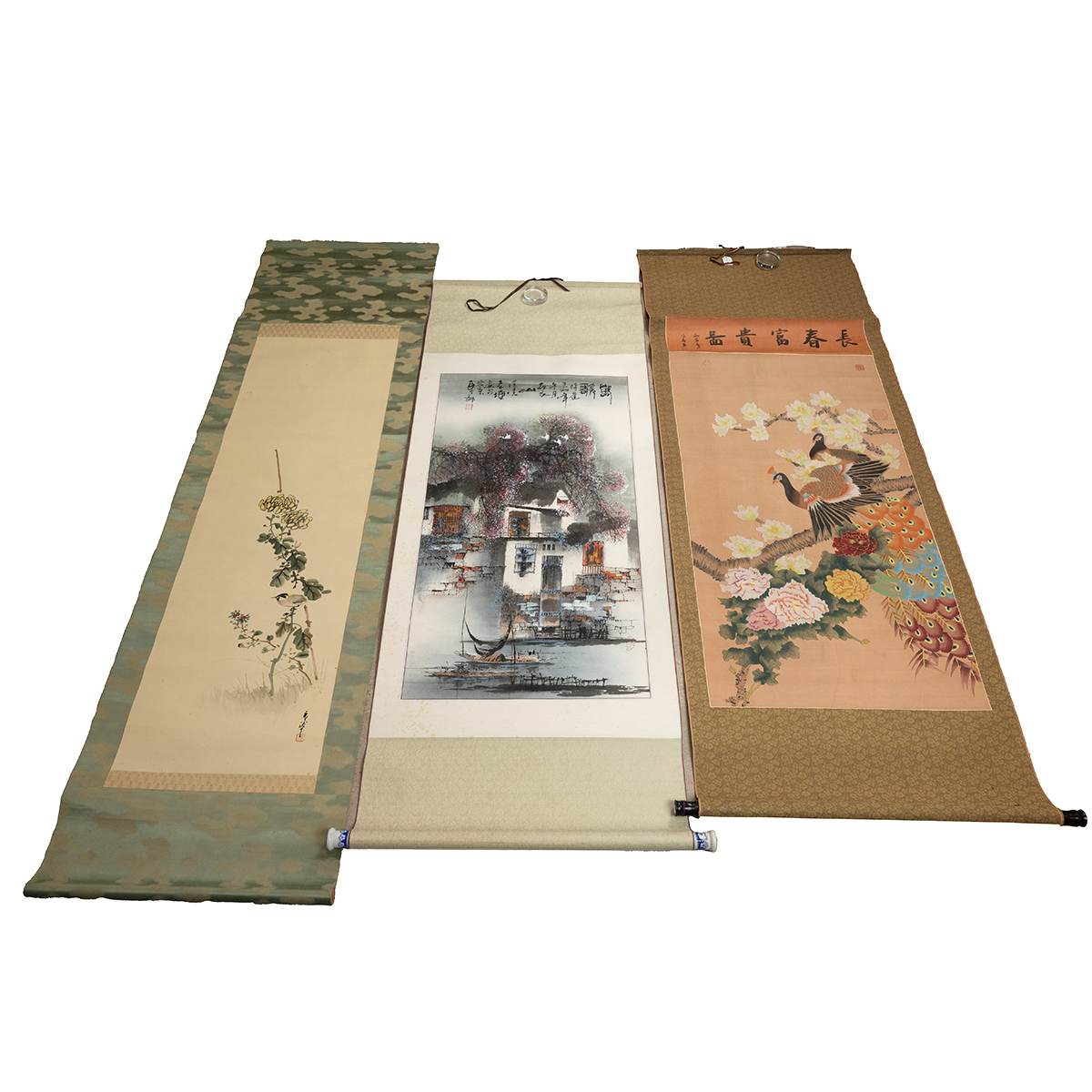 A group of three oriental paintings, to include: a Chinese traditional ink painting hanging scrol...
