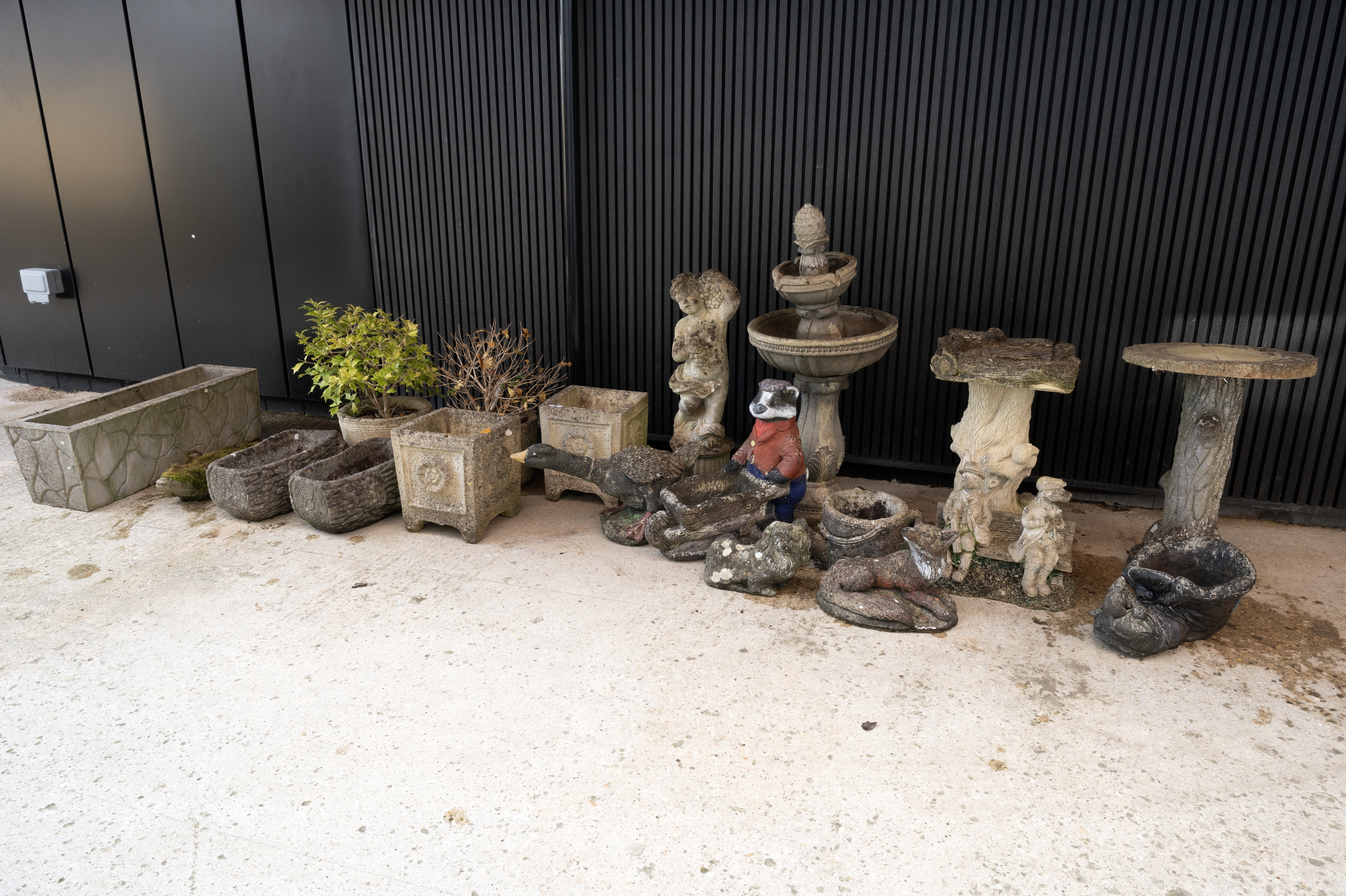 Large group of reconstituted garden pots and ornaments. Including 9x pots, 4x ornaments, 1x cheru...