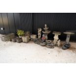 Large group of reconstituted garden pots and ornaments. Including 9x pots, 4x ornaments, 1x cheru...