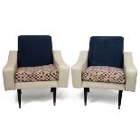 A pair of 1950's lounge armchairs with original leatherette arms and base, the backs having been ...
