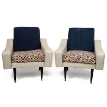 A pair of 1950's lounge armchairs with original leatherette arms and base, the backs having been ...