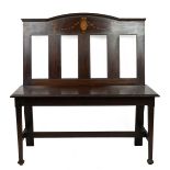 Shapland and Petter mahogany two seater hall bench with fruitwood inlay. Impressed number R119713...