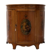 Early 20th Century Sheraton Revival Yew Wood demi lune cabinet with hand painted panels and door ...