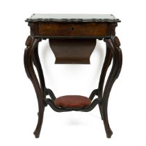 Edwardian rosewood sewing table with sliding top opening to reveal a drawer fitted with boxwood c...