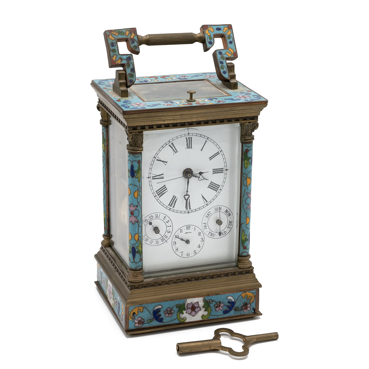 20th century brass and enamel carriage clock with repeater and alarm function and day of week and...