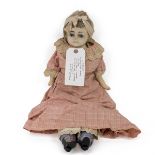 Mid 19th Century 23 inch unmarked doll. Wax face and china legs/hands. Period clothing.