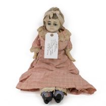 Mid 19th Century 23 inch unmarked doll. Wax face and china legs/hands. Period clothing.