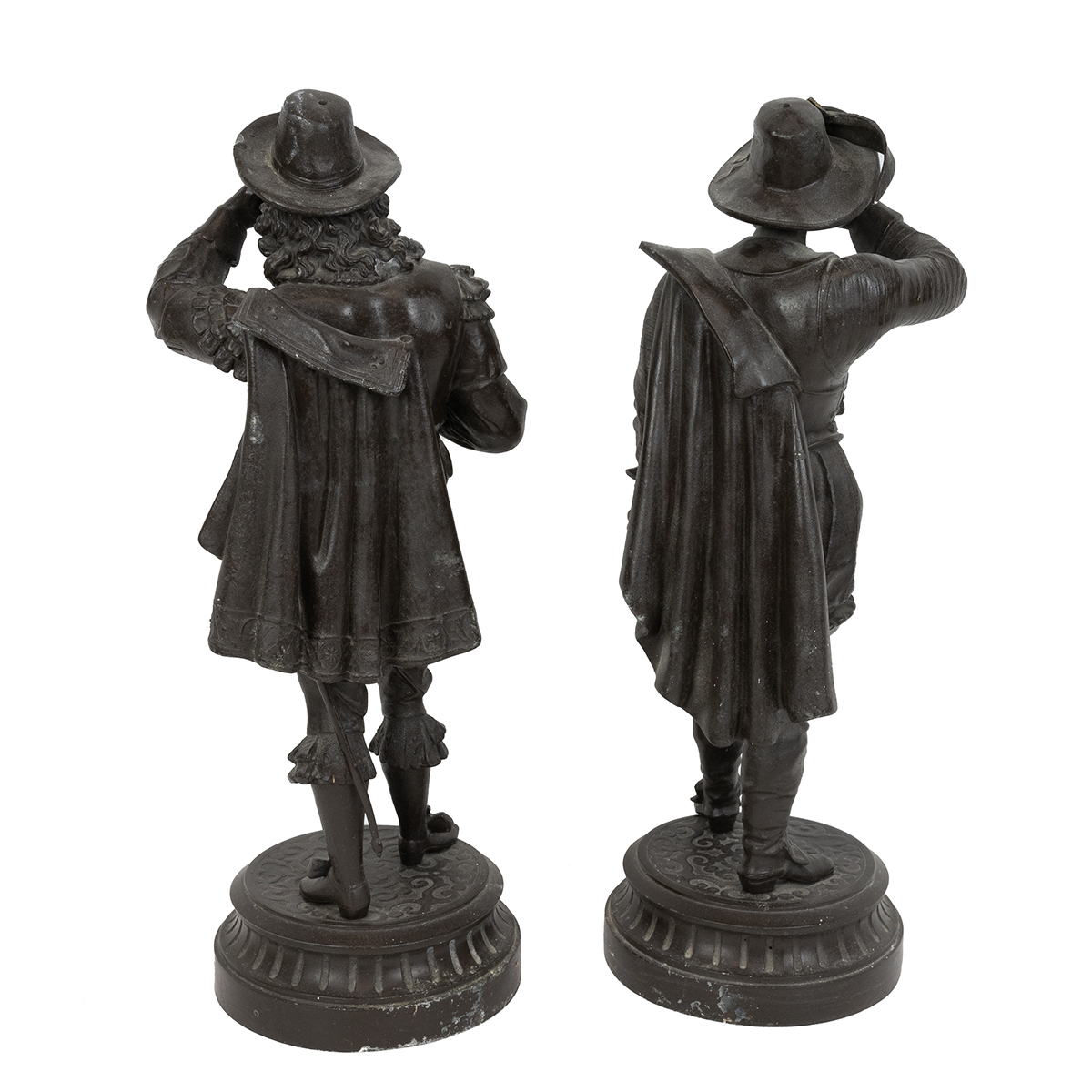 Pair of Spelter figures of Cavaliers. Each standing on raised pedestal bases. Each H 47cm. - Image 4 of 6