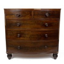 Mid Victorian Mahogany bow fronted chest of drawers. Two small over three long graduated drawers ...