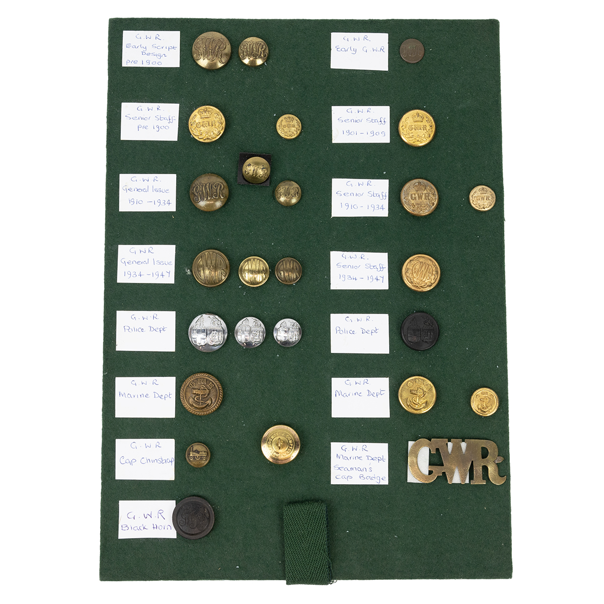 Quantity of GWR railway buttons and badge including GWR Marine Department, GWR Funeral issue butt...