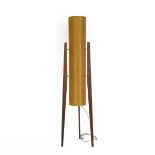 A Mid Century/vintage rocket lamp with a spur fibre shade and raised on teak tripod supports, 113...