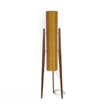 A Mid Century/vintage rocket lamp with a spur fibre shade and raised on teak tripod supports, 113...