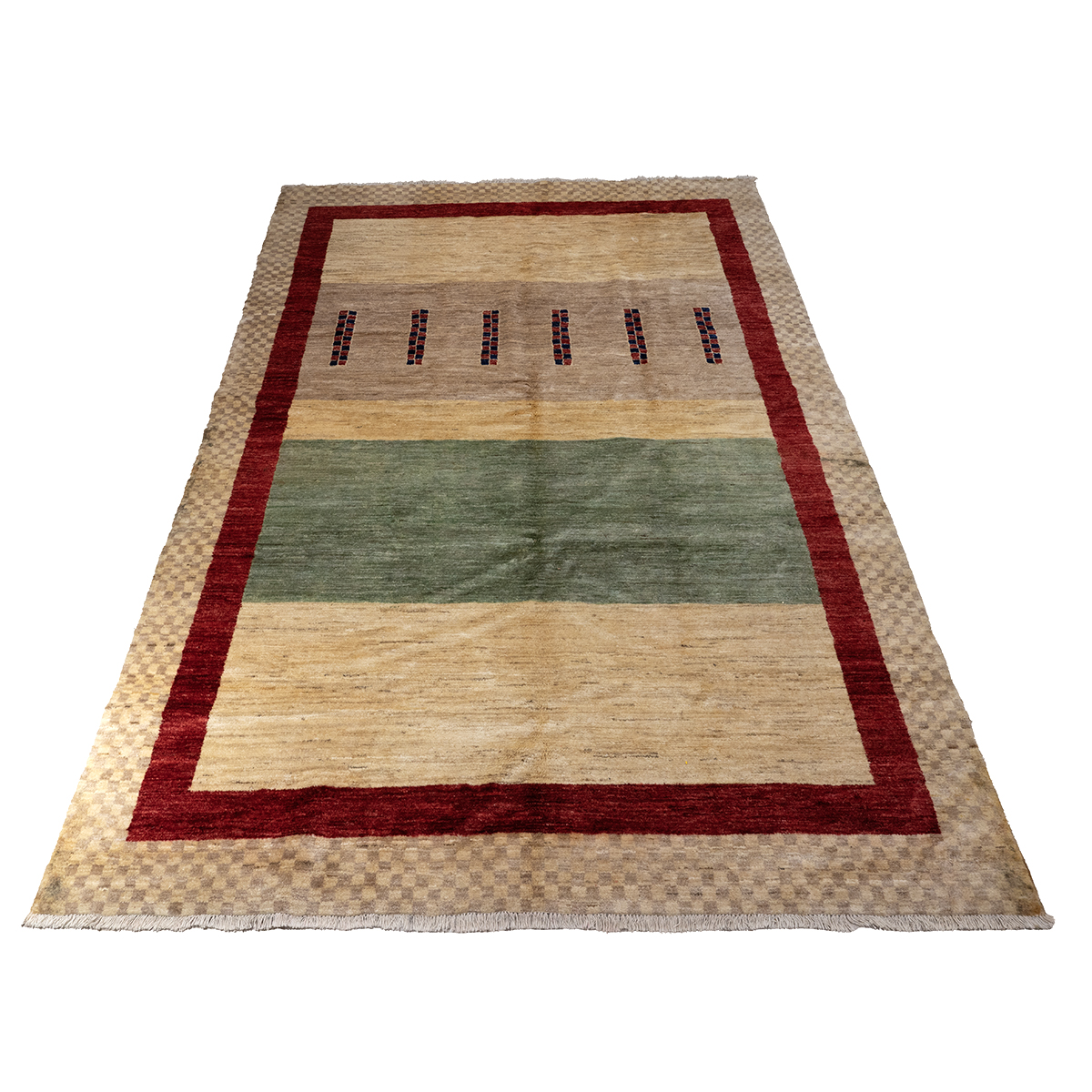 Large contemporary hand made rug. Cream ground with red wide border and geometric design. L 288cm...