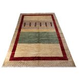 Large contemporary hand made rug. Cream ground with red wide border and geometric design. L 288cm...