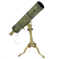 19th Century brass reflecting telescope on tripod stand with shagreen sleeve. In original fitted ...