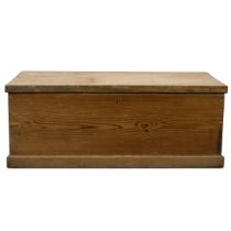 Victorian polished pine flat topped blanket box with hinged lid opening to reveal a candle box, b...