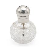 Victorian silver mounted cut glass perfume atomiser of spherical form with hobnail pattern. Indis...