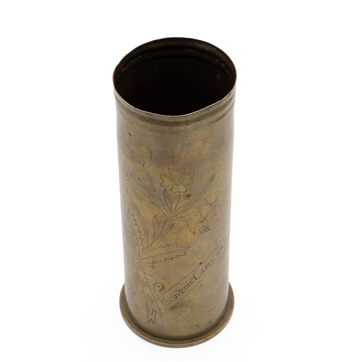 World War I trench art brass shell case vase with pricked decoration of four leafed clovers, oak ... - Image 3 of 4