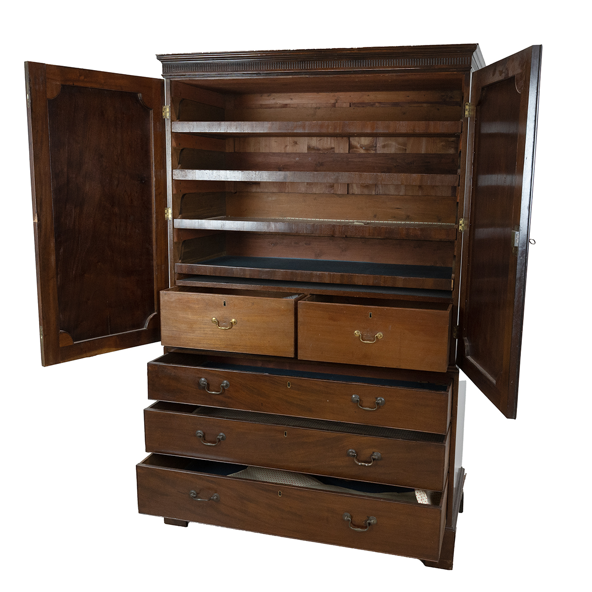 Georgian flame mahogany linen press, three drawers, with swan neck brass handles below cabinet wi... - Image 2 of 3