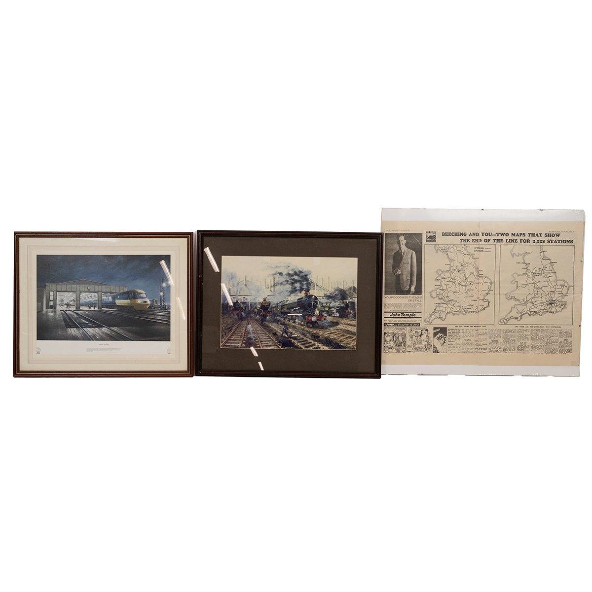 Group of vintage framed Railway themed prints and newspaper. (6). Include Swindon Shed, Night at ... - Bild 2 aus 2