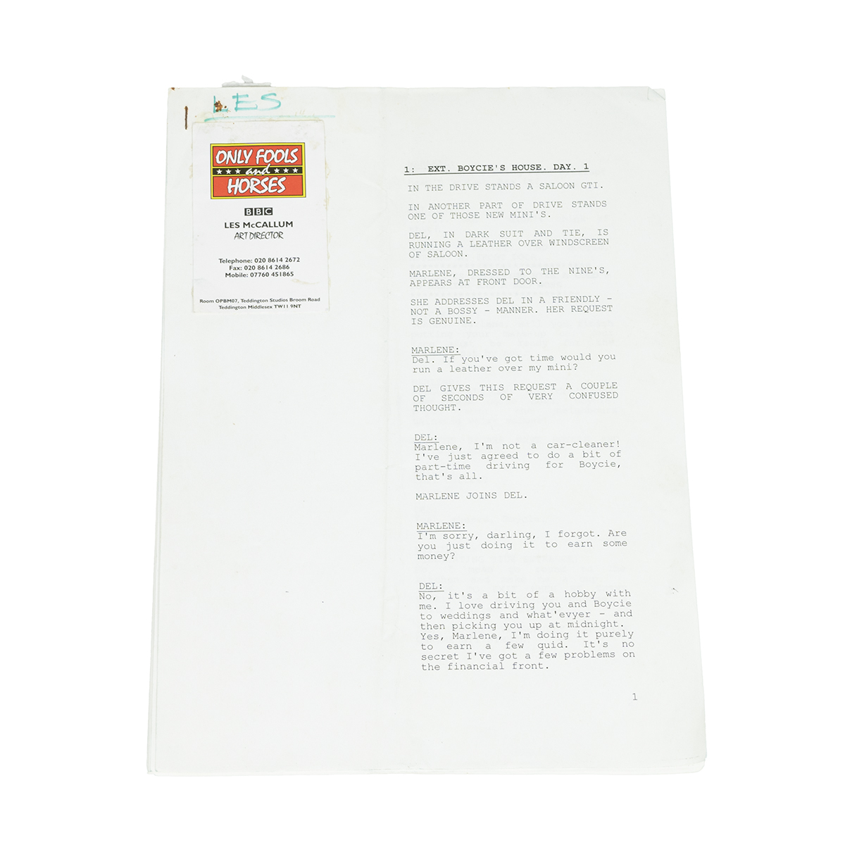 Only Fools & Horses Script, bearing business card and name for Les McCallum, Art Director. Season...