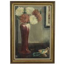 Francis Hobson (20th century), Still Life of Chrysanthemums in a Vase on a Table with a Buddha an...