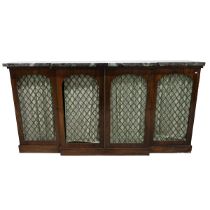 Regency rosewood break front sideboard with green marble top over four gilt metal fretwork doors ...