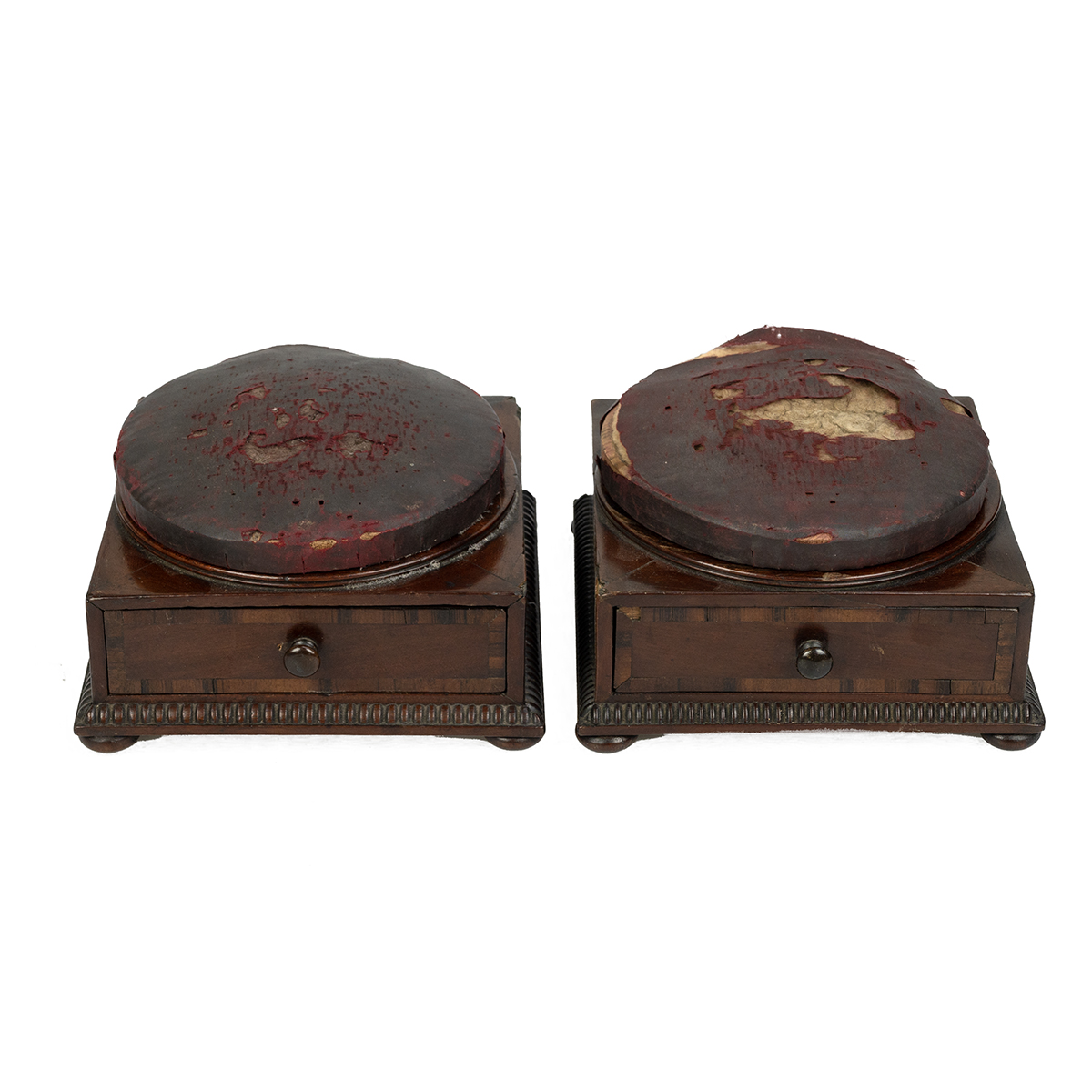 Pair of 19th century tailor's sewing boxes with pincushion tops. (2)