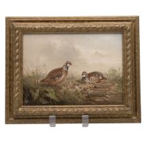 English 20th Century School, Two Partridges in a Landscape, with indistinct initials lower left, ...