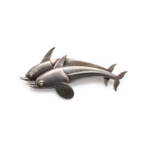 Georg Jensen silver brooch comprising two leaping dolphins, model number 317, 5.11g.