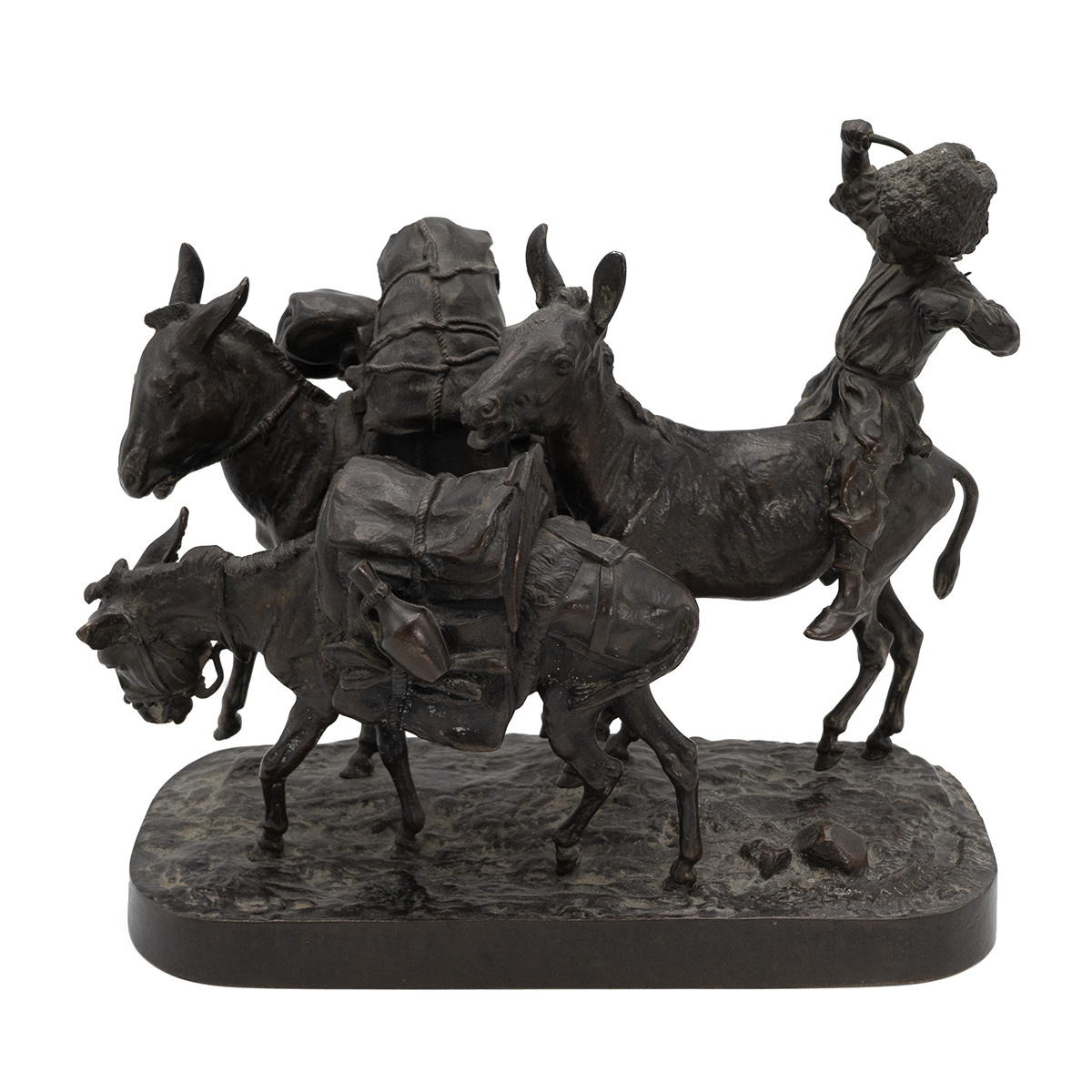 After Evgeny Ivanovich Lanceray (Russian) Boy Driving Donkeys - a patinated bronze figural group ...