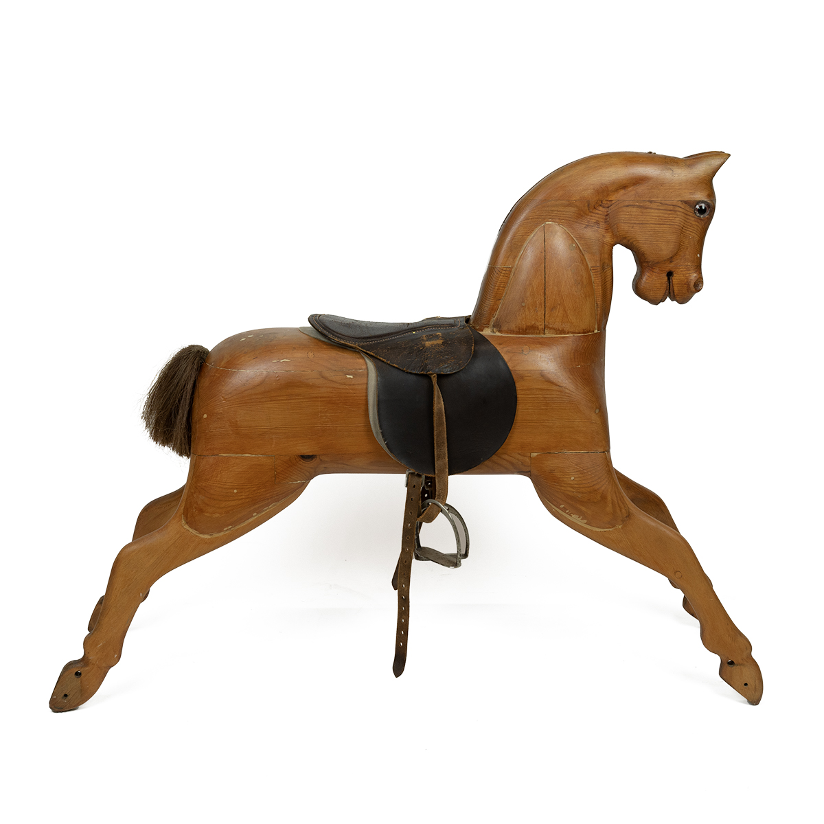 Mid 20th Century carved pine rocking horse, lacking rocking base, with leather saddle and stirrup... - Image 4 of 4