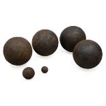 Group of cannonballs and shot (6). 4 x Diameter 14cm, 1 x D 5.5cm, 1x D 3.3cm.
