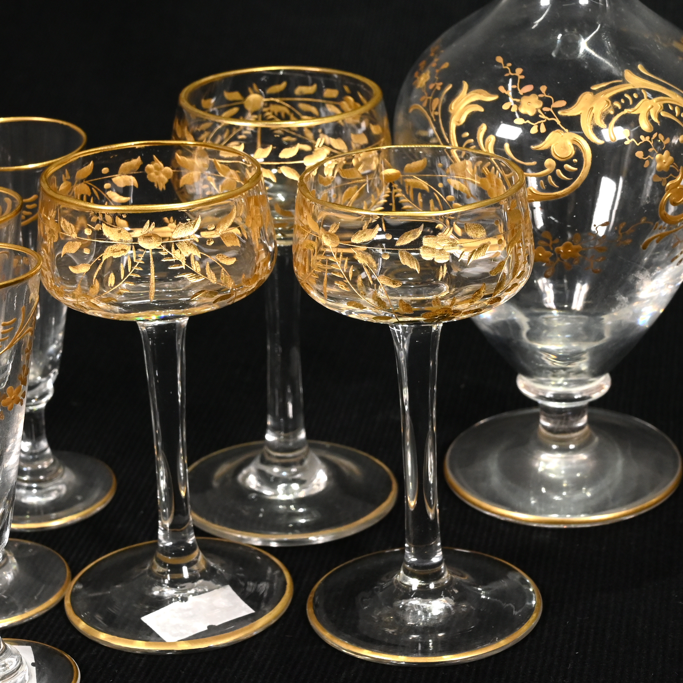 A pair of slender teardrop shaped 19th century continental liqueur or cordial decanters with gilt... - Image 3 of 3