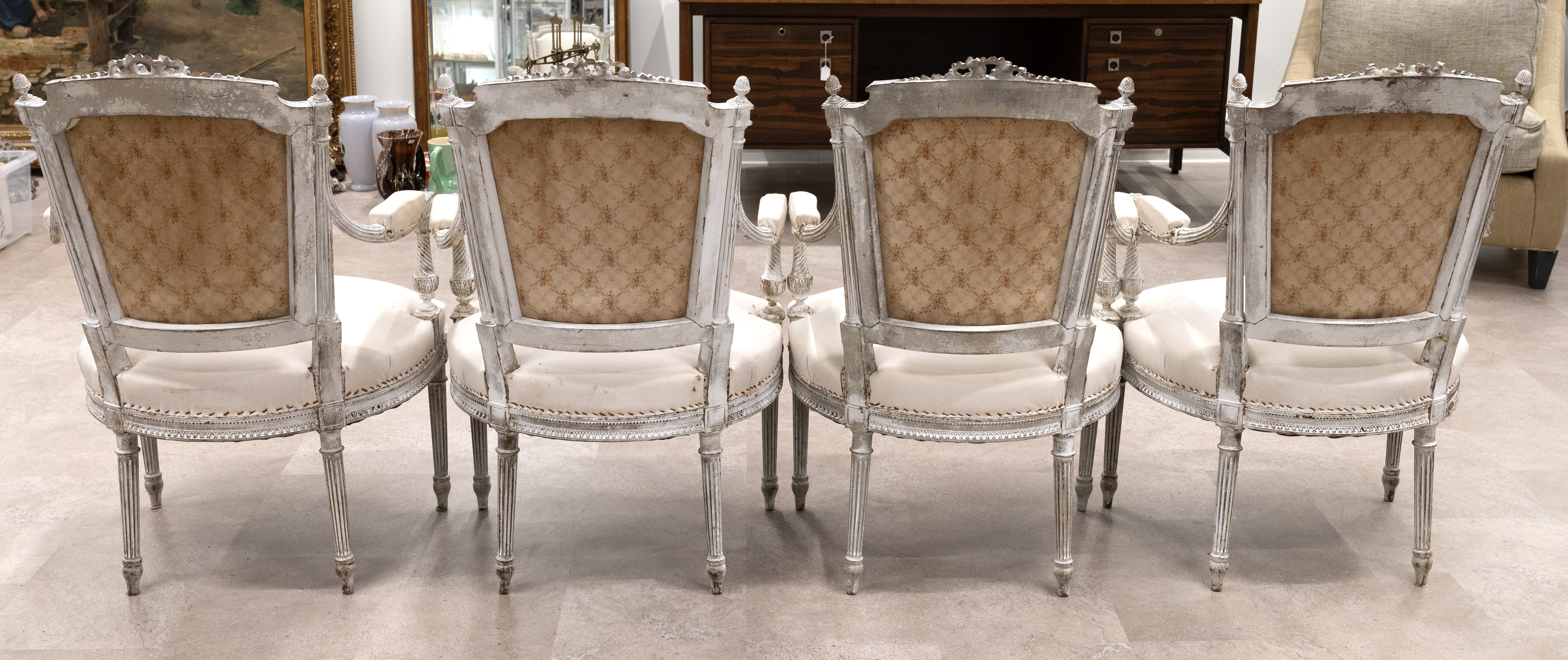 Set of four French 19th century Louis XVI style armchairs. Carved wood frames with ribbon detail ... - Image 2 of 4