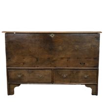 Early 19th Century Oak and Elm Mule Chest the hinged top opening to reveal candle box, two drawer...