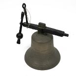 Large bronze school tower bell with clapper on iron lever pull headstock. Weight 11.5kg.
