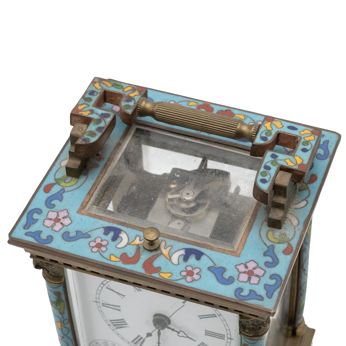 20th century brass and enamel carriage clock with repeater and alarm function and day of week and... - Image 5 of 5