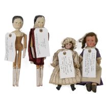 Early 20th century dolls (4). Two Italian 11 inch H wooden dolls, one with clothing; 9 inch Frenc...