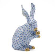 Herend VHB (Vieux Herend Blue) Fishnet figurine model number 15307 - Medium Rabbit Paws Up. Heigh...