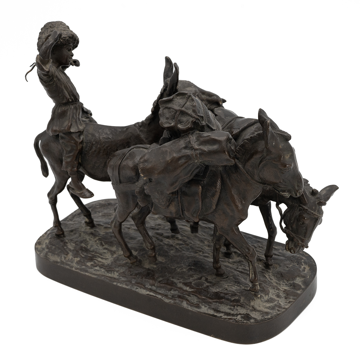 After Evgeny Ivanovich Lanceray (Russian) Boy Driving Donkeys - a patinated bronze figural group ... - Image 2 of 3