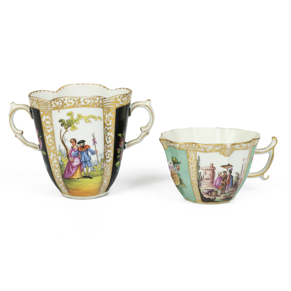 Late 19th Century Dresden two handled chocolate cup and quatrefoil saucer in the manner of Helena... - Image 3 of 6