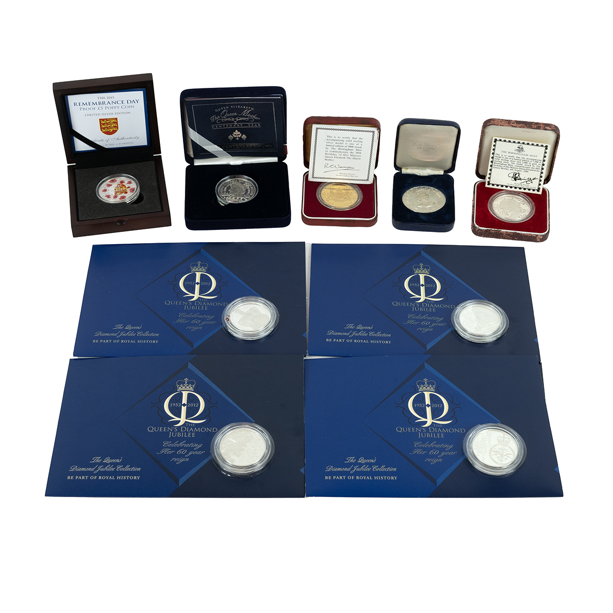 Nine (9) Queen Mother and royal family coins and medals in 925 sterling silver. Includes (1) 2000...