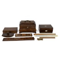 A collection of wooden boxes to include a bombe shape rosewood tea caddy, mahogany box, oak cased...
