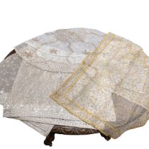 Three Indian wirework, intricately embroidered, table/bed coverings, with silver and gold decorat...