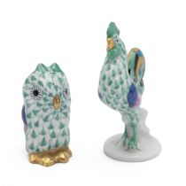 Herend - Owl Baby and Rooster each in Vieux Herend Green Fishnet with gilt highlighting (H 4.6cm ...