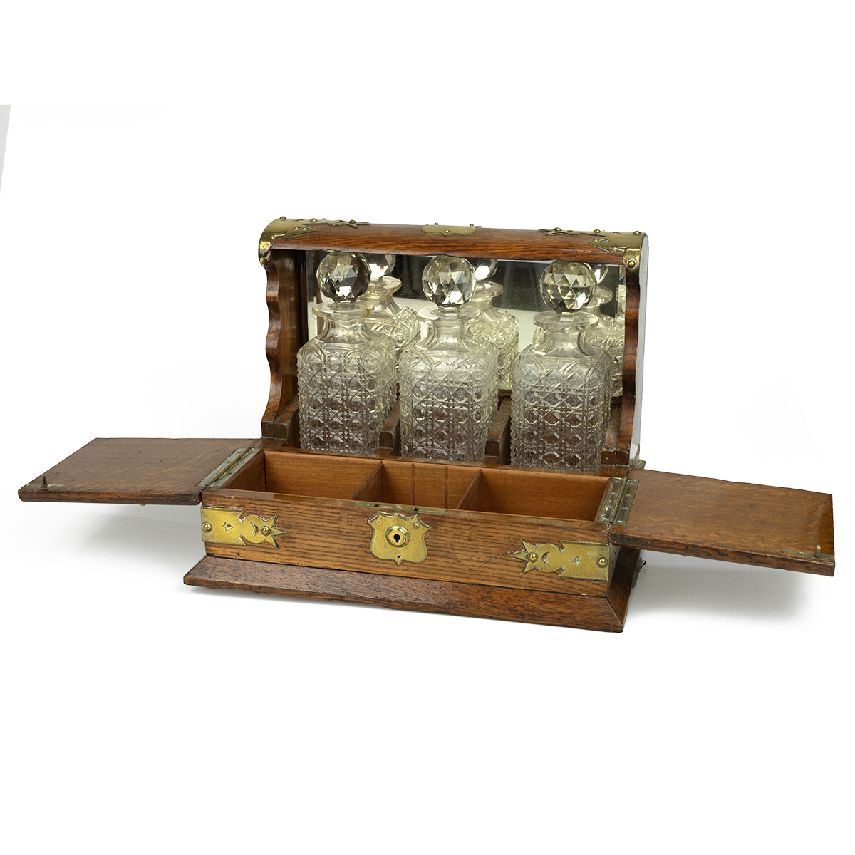 Edwardian brass bound oak Tantalus with three cut glass hobnail decanters and hinged covers openi... - Image 2 of 5