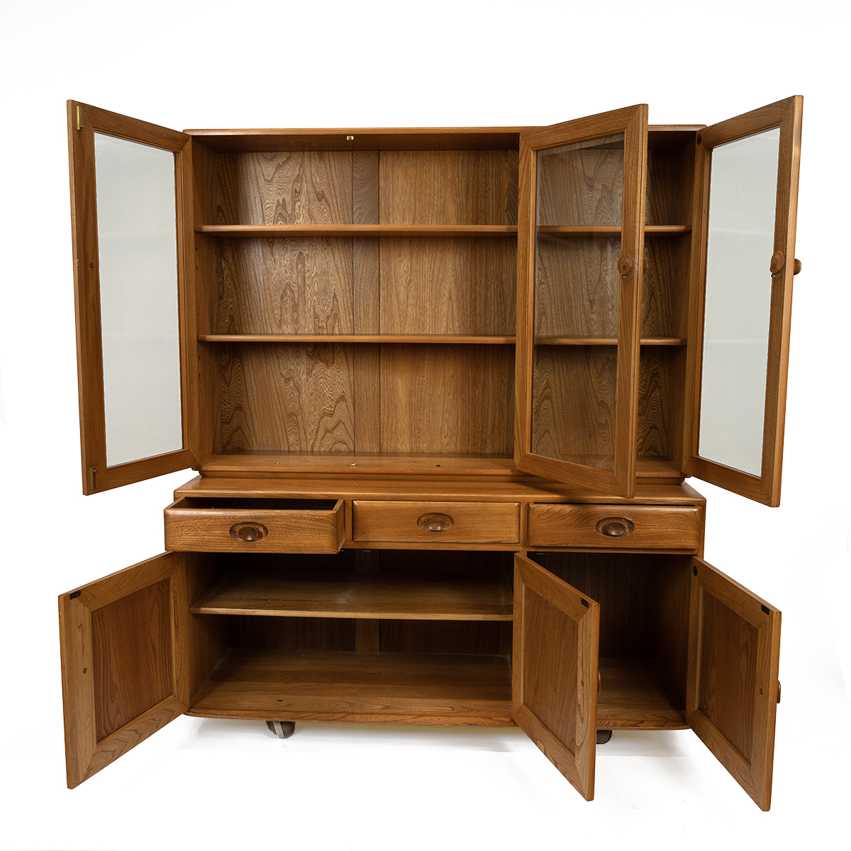 Ercol light elm Windsor design bookcase sideboard. Three glazed doors opening to reveal adjustabl... - Image 2 of 5