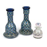 Pair of Bohemian Huqqa (or Hookah) bases in blue glass decorated with enamel flowers (height 27cm...